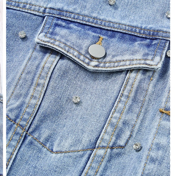 Women's Light Blue Denim Jacket with Rhinestone Stud Details - Picture 9 of 15